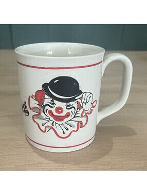 Coffee Mug Acorn Keep Smiling 12 oz Ceramic White/ Red Trim Clown